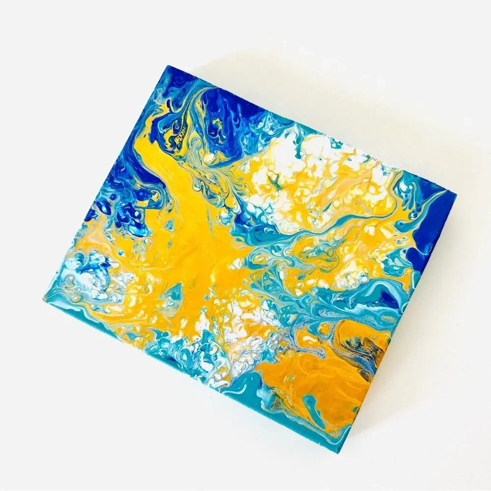 Metallic Gold White Turquoise Blue Abstract Painting Original Art Wood Square